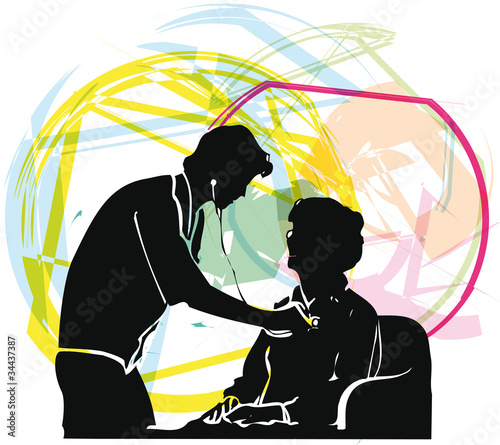 Doctor listening to elderly female's heart with stethoscope.