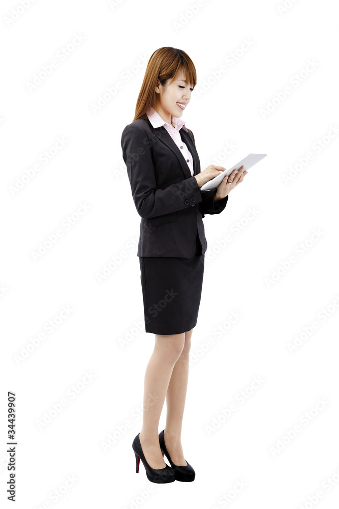 smiling businesswoman with touch pad tablet pc smiling businesswoman with touch pad tablet pc