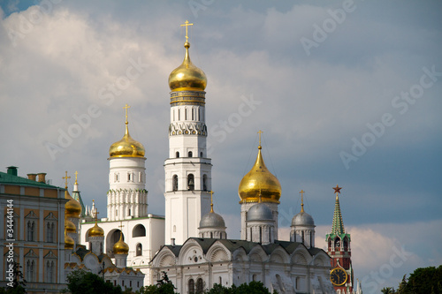 View of Moscow Kremlin with golden domes and Spasskaya tower