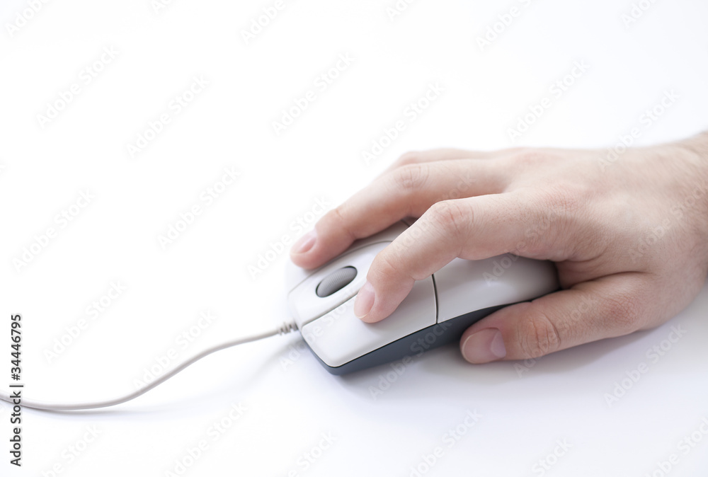 Hand with computer mouse on white background Hand with computer mouse on white background