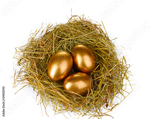 golden eggs in nest isolated on white
