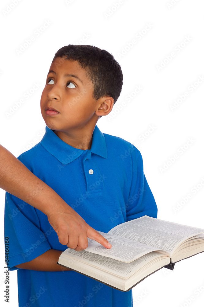 Child Looking to Person Pointing Where to Read the Bible. Child Looking to Person Pointing Where to Read the Bible.
