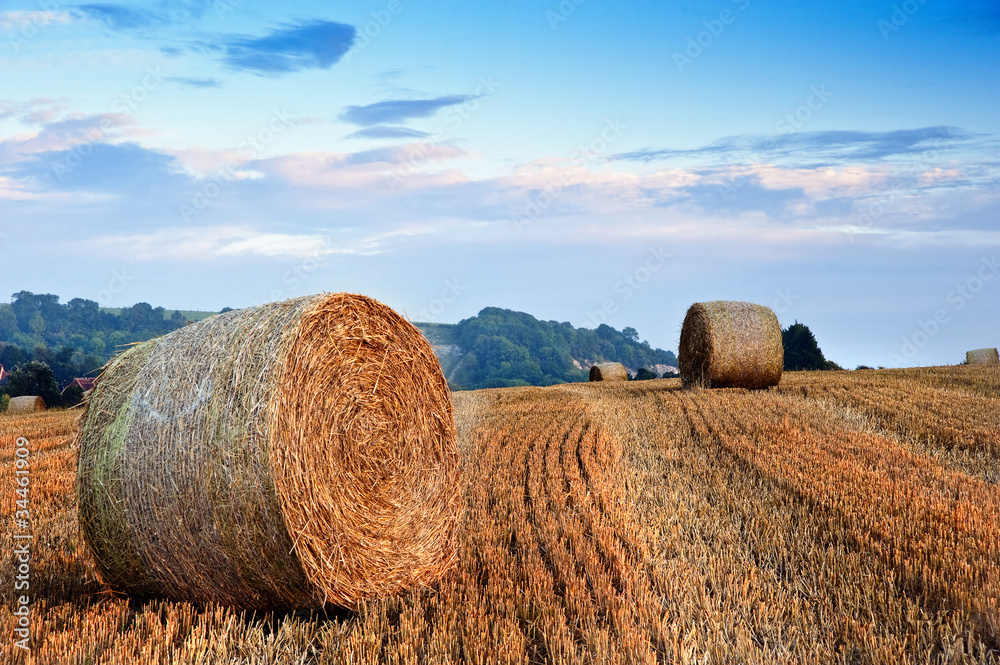 Fototapeta premium Beautiful golden hour hay bales sunset landscape