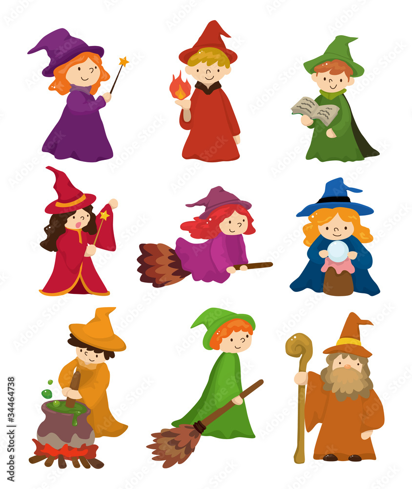 cartoon Wizard and Witch icon set.