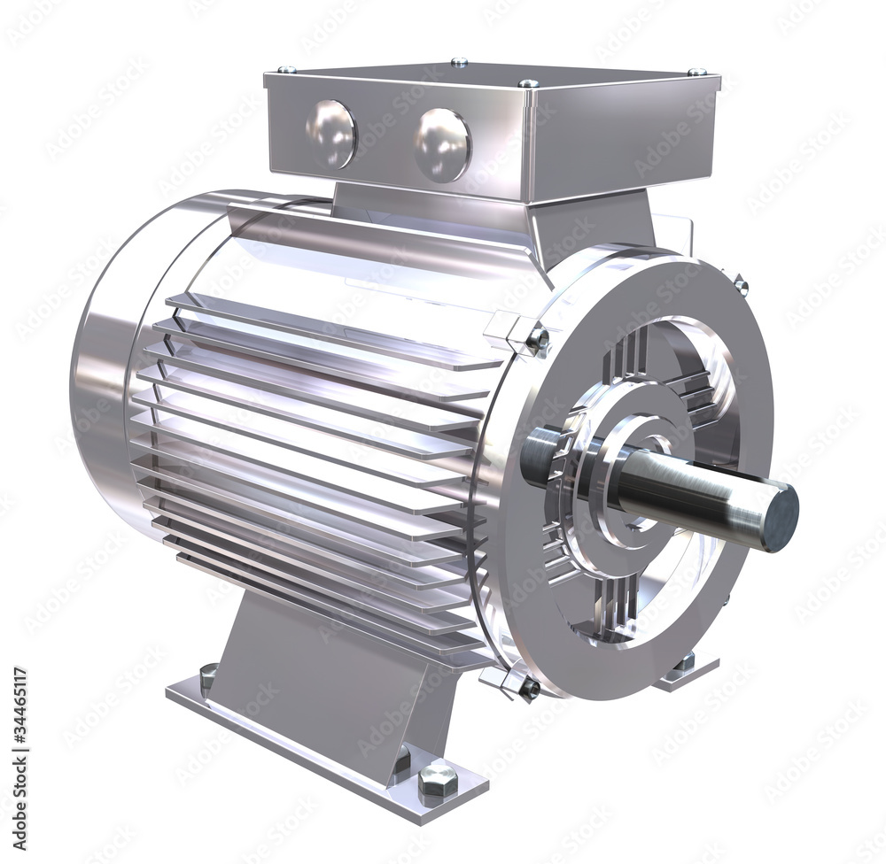 A chrome or stainless electric motor on white background A chrome or stainless electric motor on white background