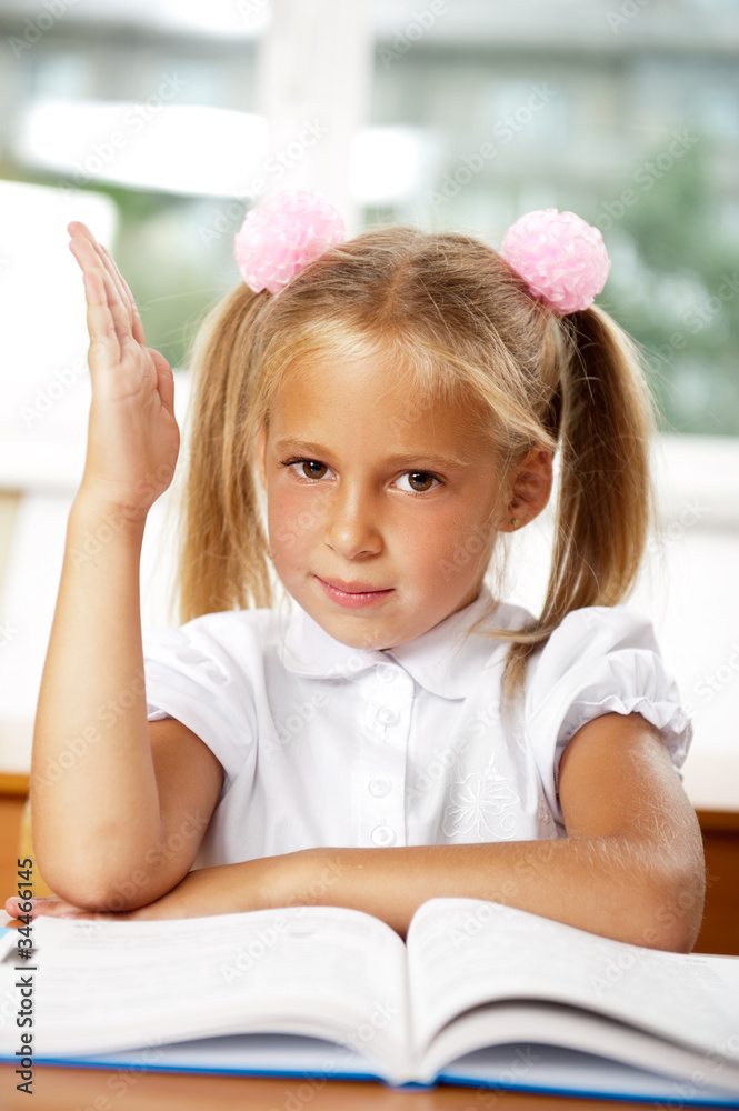 Portrait of a young girl in school at the desk. Portrait of a young girl in school at the desk.