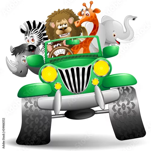 Naklejka na ścianę Wild Animal Geep Cartoon-Savannah Wild Animals On Jeep