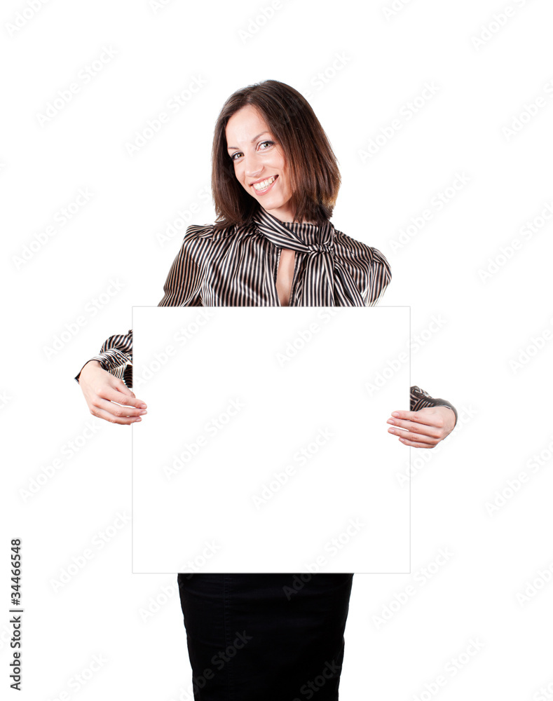 happy young business woman holding empty white board happy young business woman holding empty white board