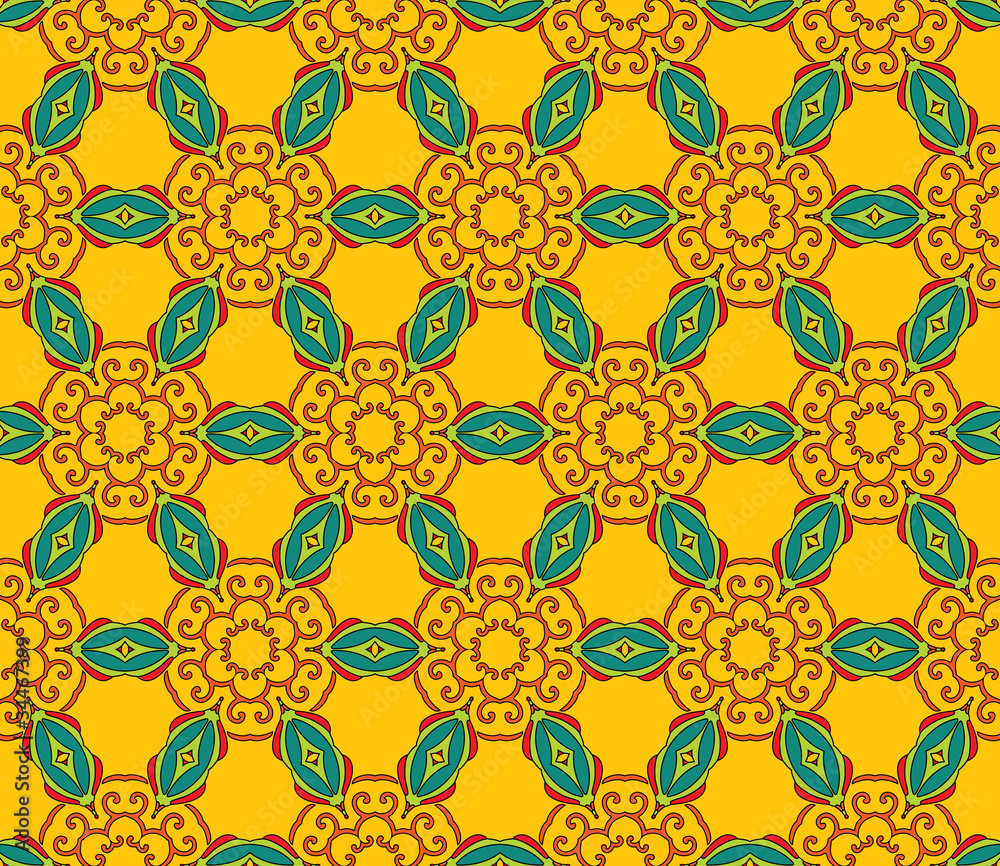 Floral pattern with leaves on a bright yellow background