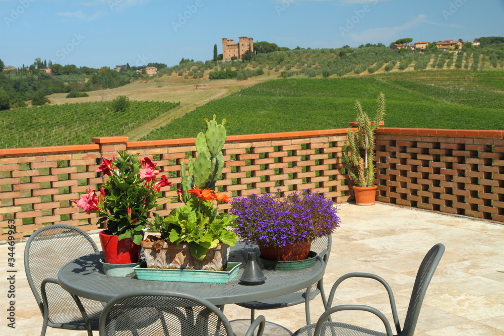 flowery terrace with a beautiful view of tuscan countryside