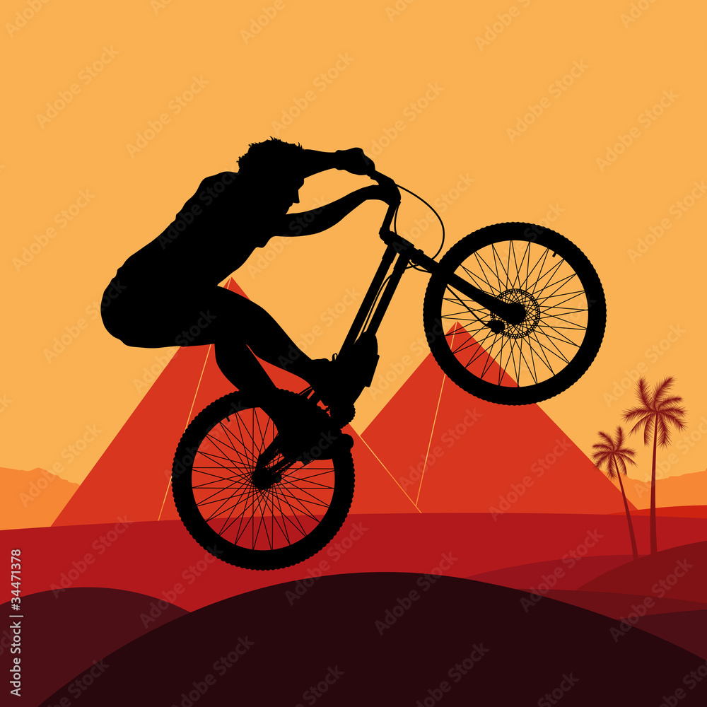 Animated mountain bike trial rider in Egypt pyramid illustration