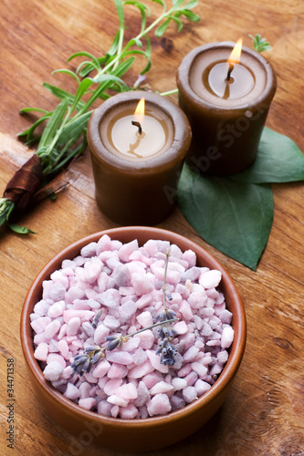 Bath salt  lavender with candles. Still life.