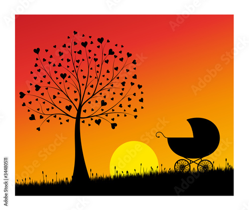 Baby carriage and tree with hearts
