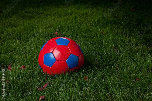 Red and blue soccer ball in a field