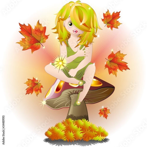 Fata Bimba su Fungo Autunno-Baby Fairy on Autumn Mushroom-Vector