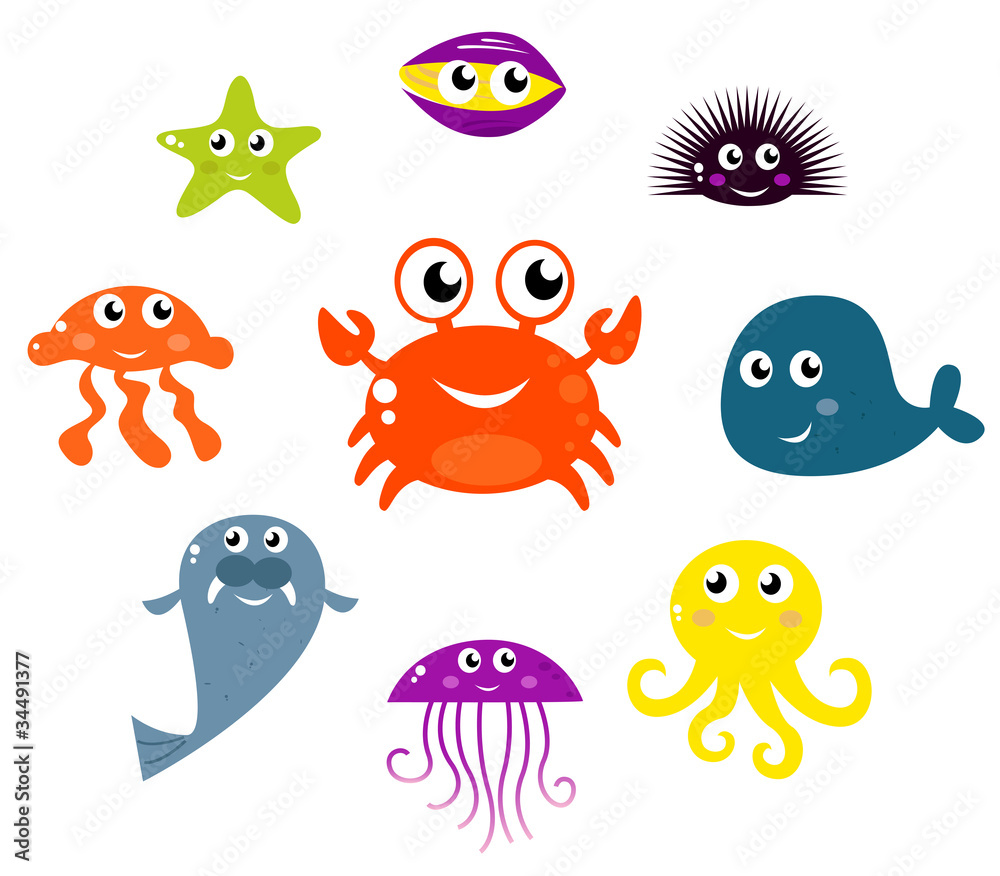 Obraz premium Sea creatures and animals vector icons isolated on white