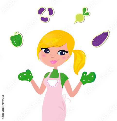 Cooking Mother jugglery with Vegetable, isolated on white