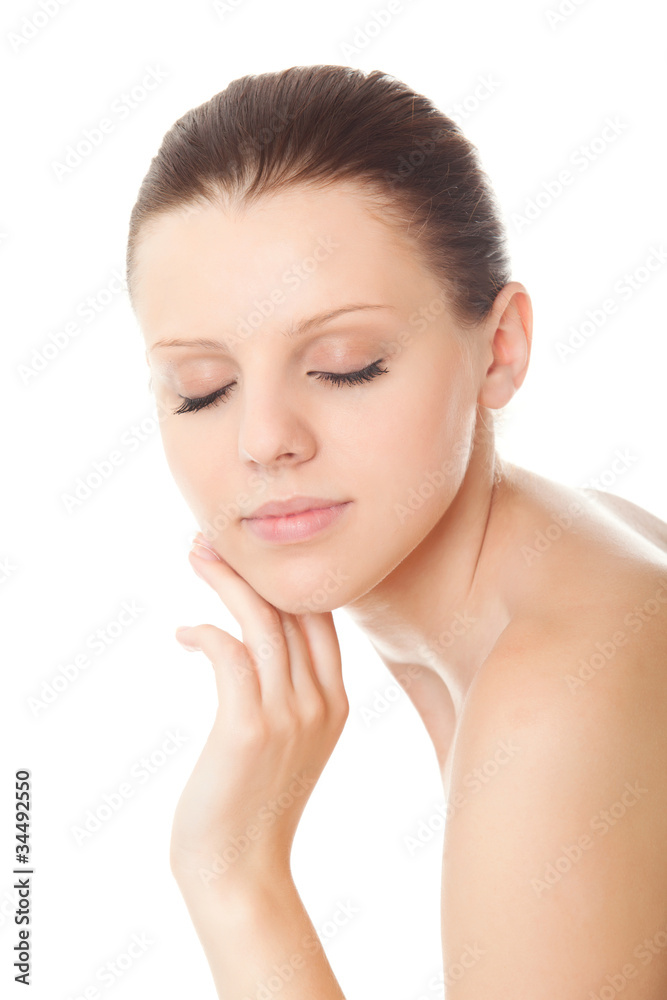 closeup face young woman with healthy clean skin and closed eyes