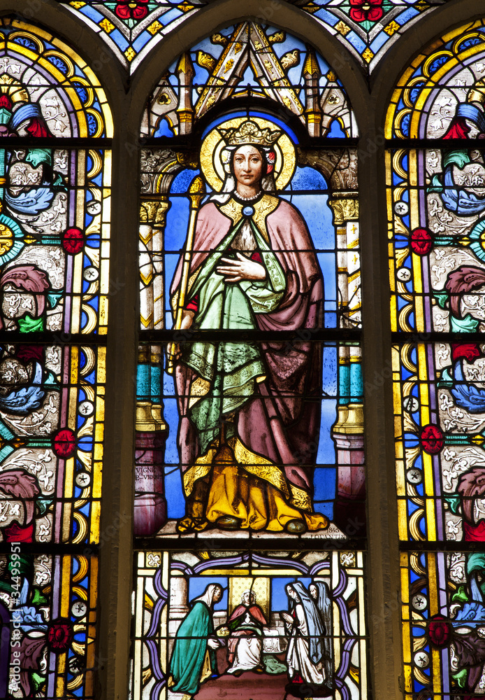 Paris - windowpane from gothic church - virgin Mary