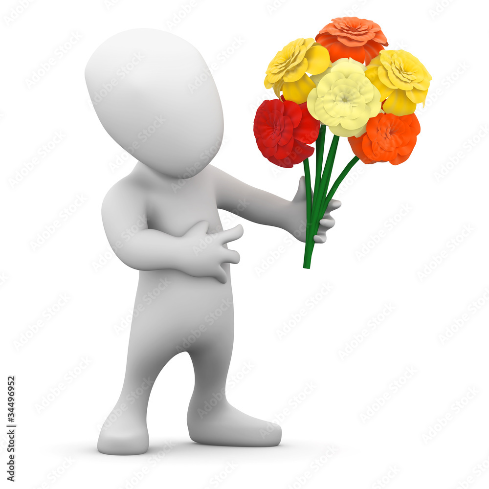 3d Little man presents a bouquet of flowers 3d Little man presents a bouquet of flowers