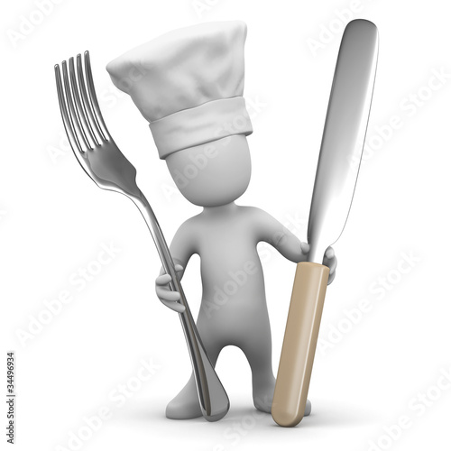 3d Little man holds a knife and fork