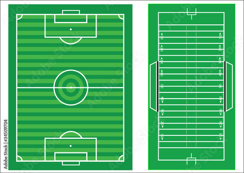 Scale vector diagrams of a soccer pitch and an american football