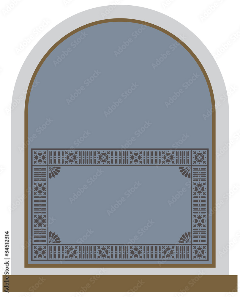 An arched ornate window and frame An arched ornate window and frame