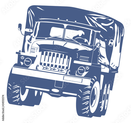 Vector black and white illustration of  military truck