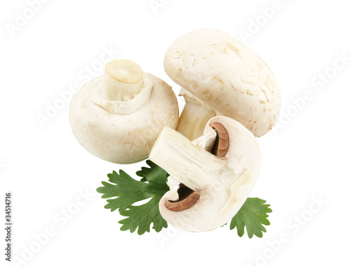 Champignon mushrooms with parsley isolated on white background
