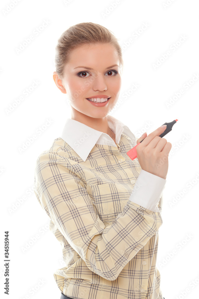 positive young woman writes something marker positive young woman writes something marker