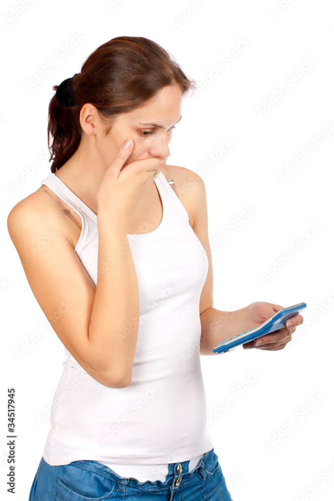 Woman holding a calculator, isolated over white background Woman holding a calculator, isolated over white background