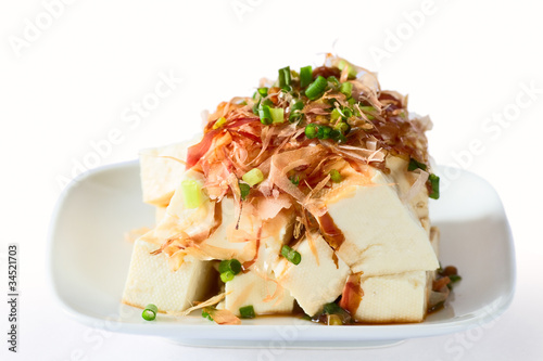 Japanese tofu topped with bonito flakes