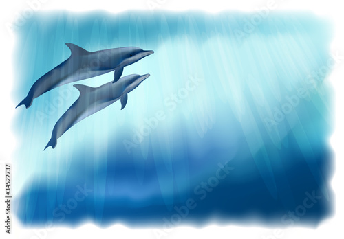 Underwater background with dolphins. Vector illustration