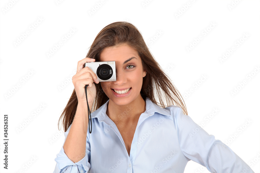 Portrait of beautiful woman using compact digital camera Portrait of beautiful woman using compact digital camera