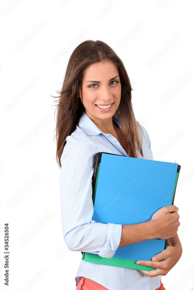 Beautiful college student holding folders Beautiful college student holding folders