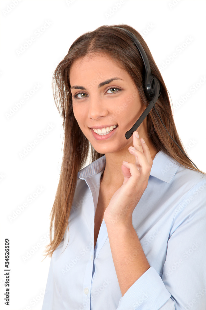 Portrait of smiling woman with headset on Portrait of smiling woman with headset on