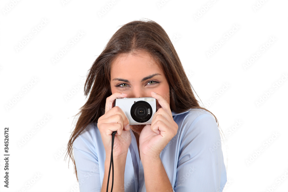 Portrait of beautiful woman using compact digital camera Portrait of beautiful woman using compact digital camera