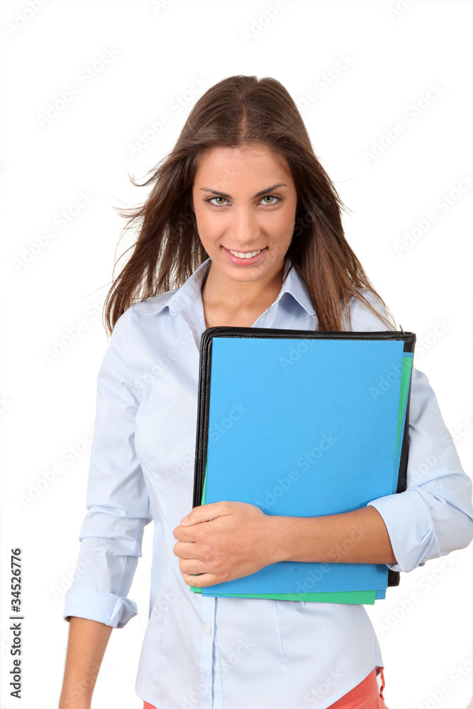 Beautiful college student holding folders Beautiful college student holding folders