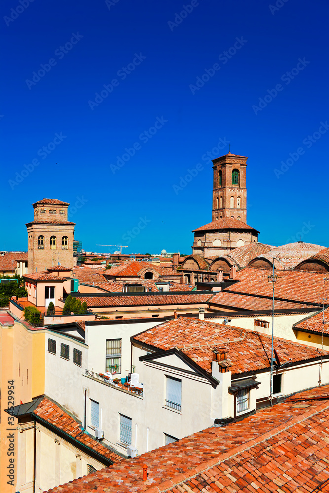 Aerial view of red roofs in Bologna
