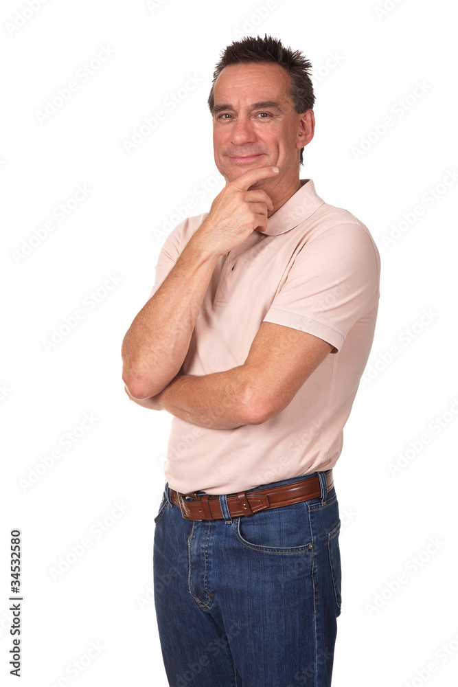 Fototapeta premium Attractive Smiling Middle Age Man with Hand to Face in Thought