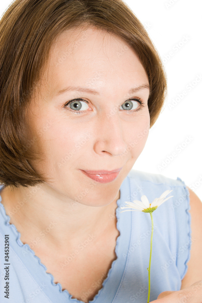 Girl with daisies on a white background. Girl with daisies on a white background.