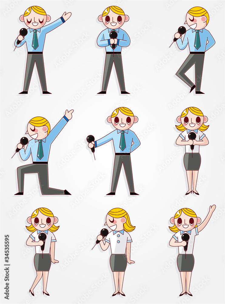 cartoon office worker talk with Microphone and speaker cartoon office worker talk with Microphone and speaker