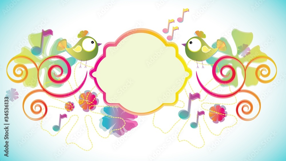 Color background with birds and flowers and label Color background with birds and flowers and label