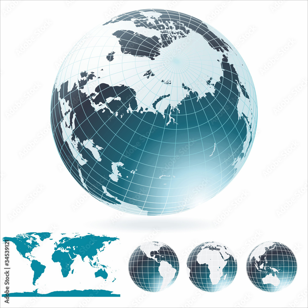 Vector World Map with Globes Set in various foreshortenings Stock ...