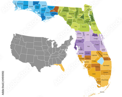 Florida state counties map with boundaries and names photo