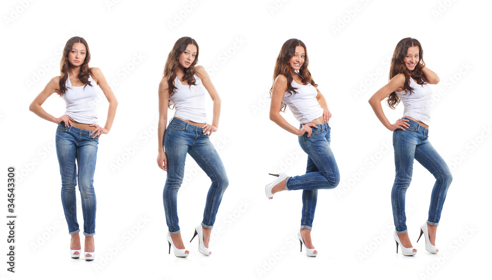 Four young and sexy woman posing in stylish jeans Four young and sexy woman posing in stylish jeans