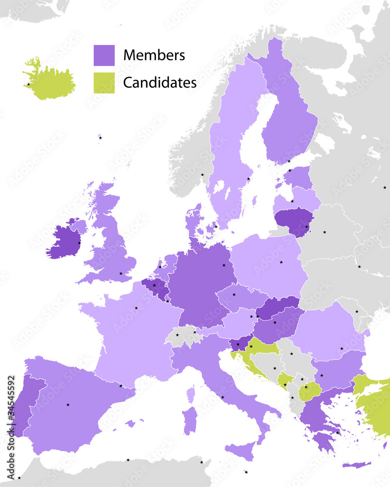 Obraz premium European Union members and candidates, country silhouettes
