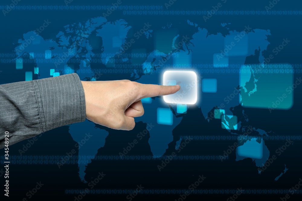businessman hand pushing a button on a touch screen interface businessman hand pushing a button on a touch screen interface