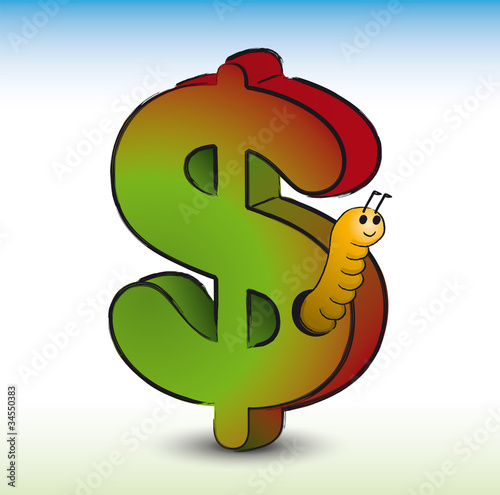 Wormy Dollar. Cartoon of a Dollar symbol being eaten by a worm. Illustration on white background. Vector.