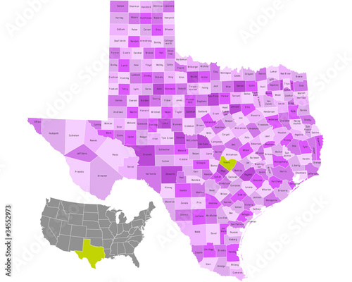 Texas state counties map with boundaries and names